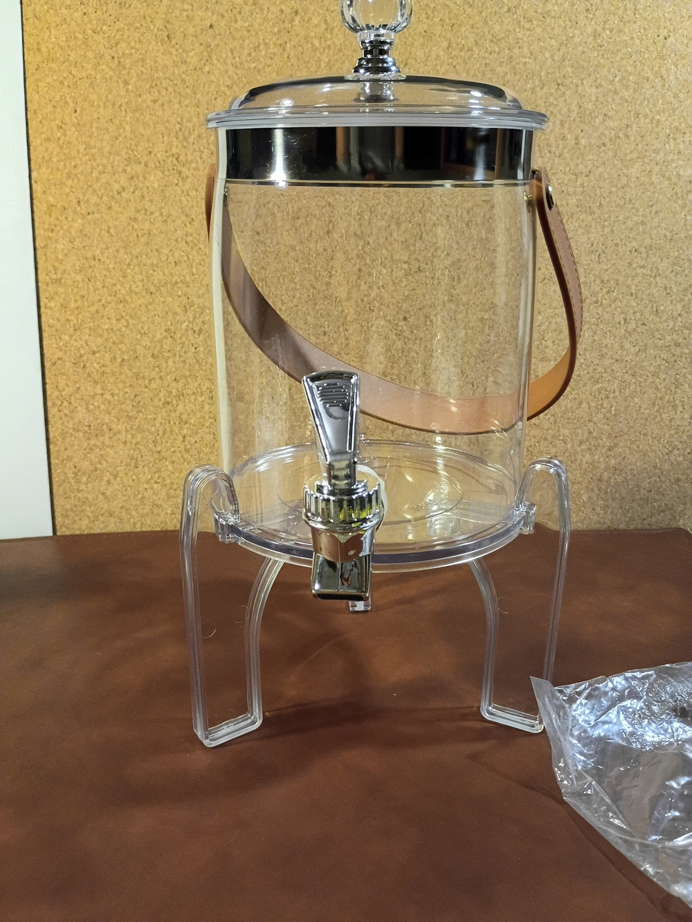 Clear Acrylic Beverage Dispenser with Brown Handle and Chrome Accent